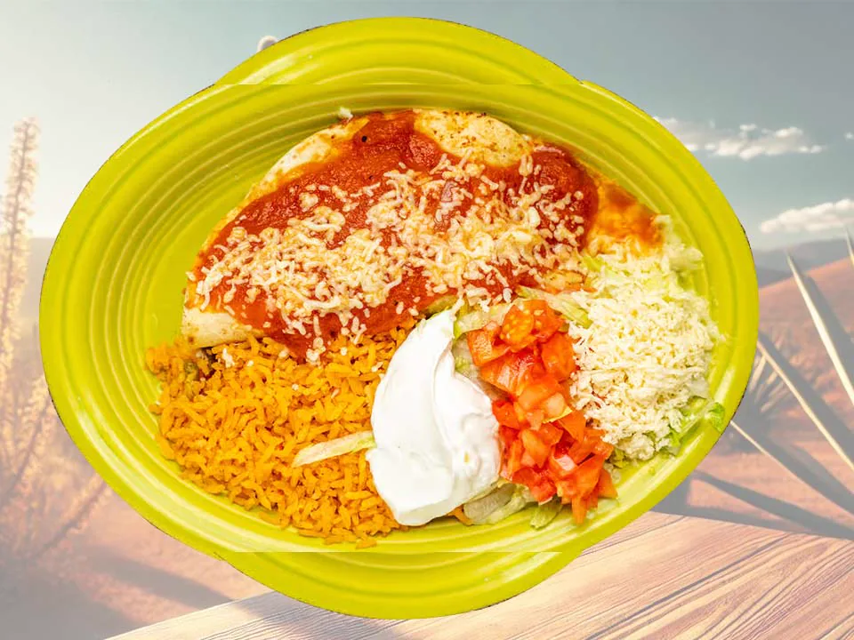 Large chicken quesadilla with rice and fresh toppings