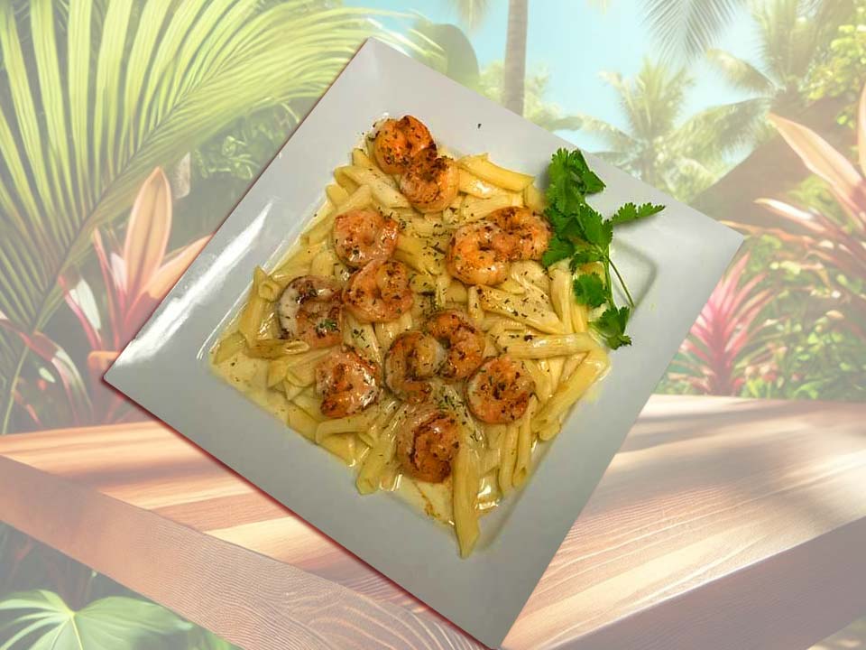 Creamy shrimp pasta with grilled shrimp and cilantro