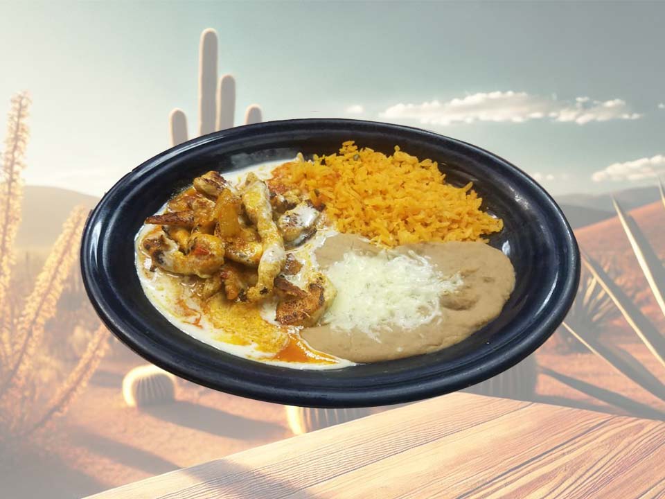 Grilled chicken served with rice, beans, and melted white cheese